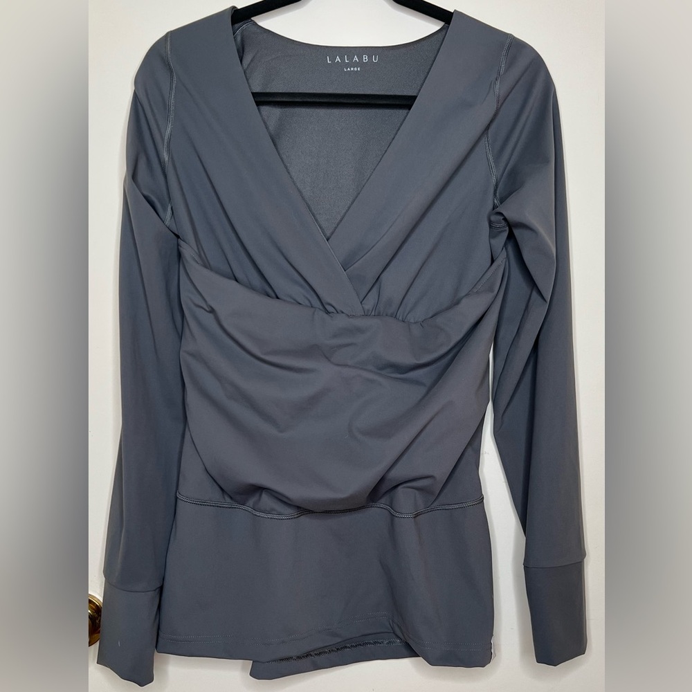 Lalabu Long Sleeve, V-neck Soothe Shirt, Gray, Women’s Large